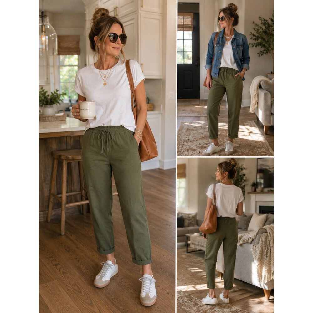 J.Crew Olive Linen Blend Drawstring Pull-On Pants Women's Size 4